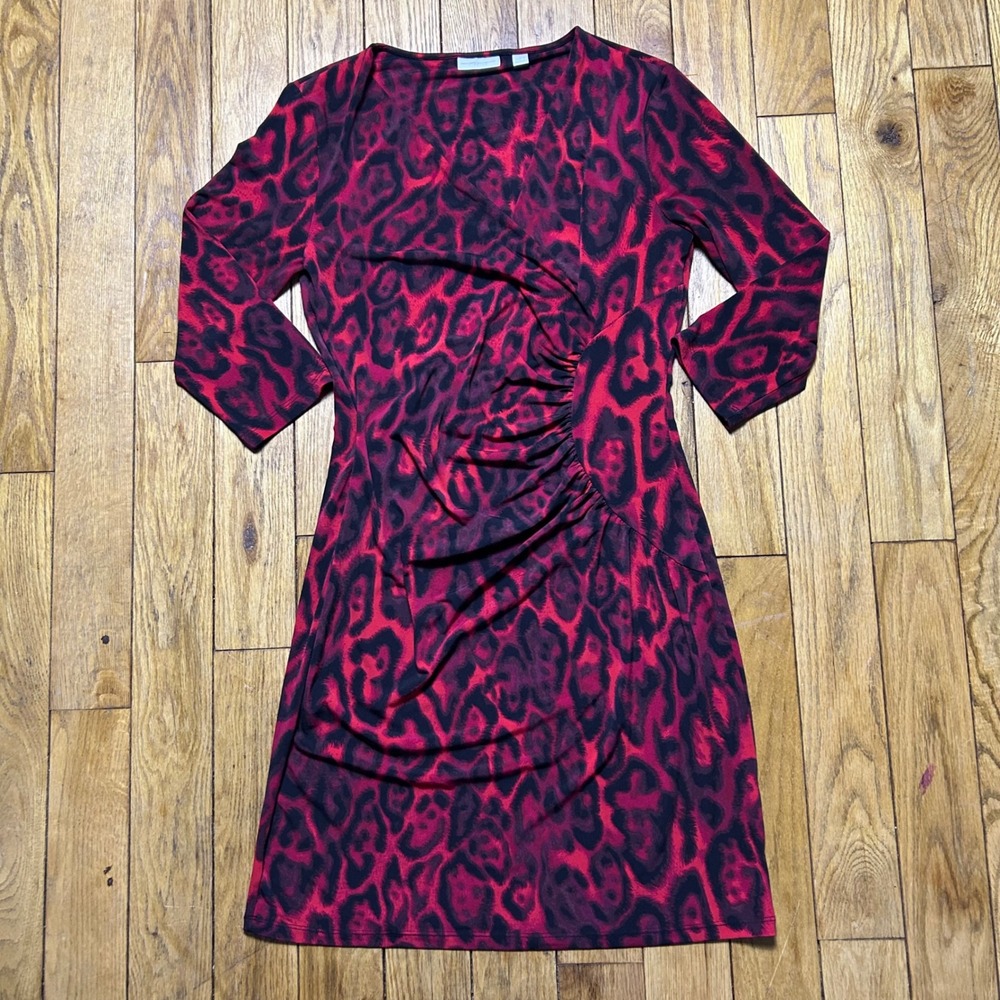New York & Company Red Black Leopard Print Ruched‎ Sheath Dress Medium